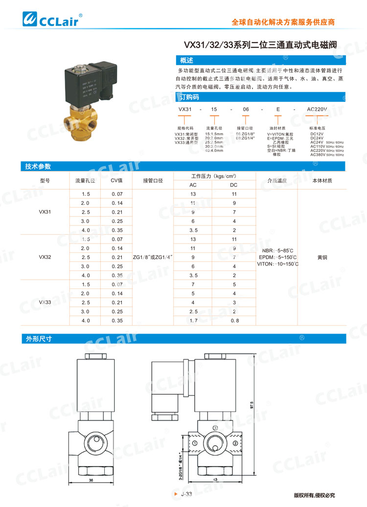 VX31、32、33系列二位三通直动式电磁阀